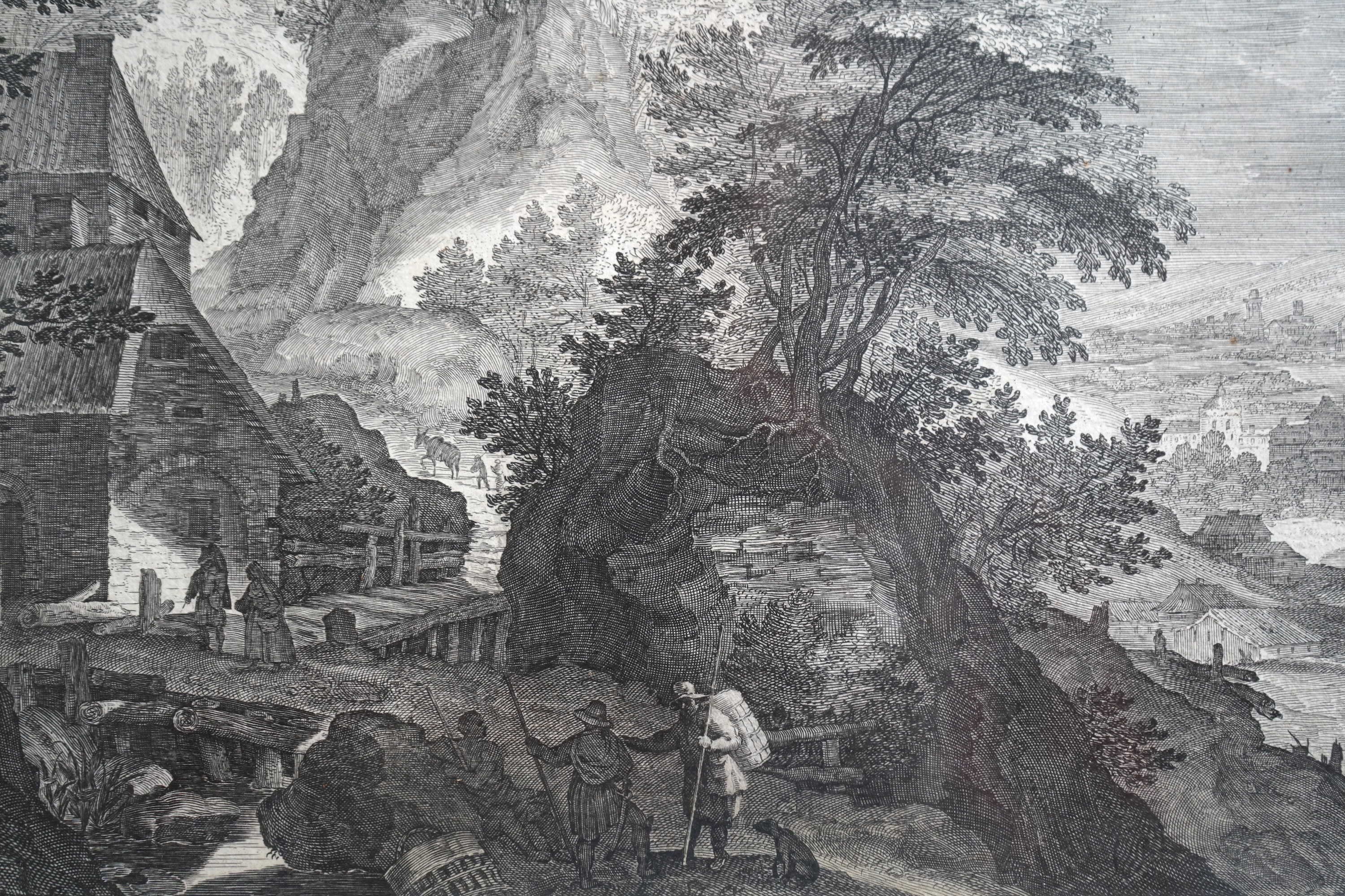 After Aegidius Sadeler the Elder, Flemish 1570–1629, 'River Landscape with Farmhouse and Pilgrims'
